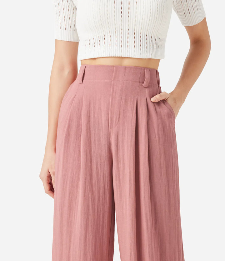 High Waisted Pocket Wide Leg Flowy Solid Palazzo Casual Linen-Feel Pants