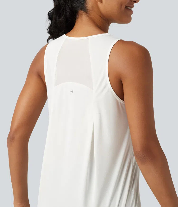 Contrast Mesh Curved Hem Running Tank Top-Longer Length
