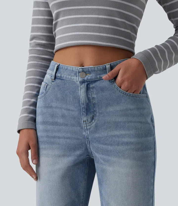 Halara Flex Mid Rise Washed Casual Flare Jeans with Pockets