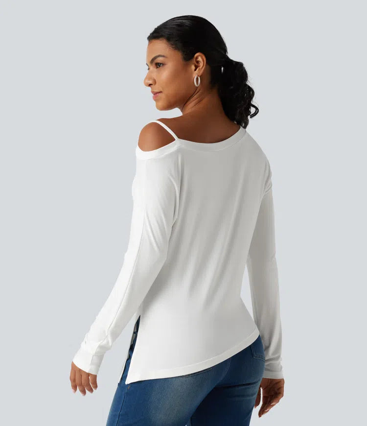 Ribbed One Shoulder Long Sleeve Asymmetric Hem Casual T-Shirt
