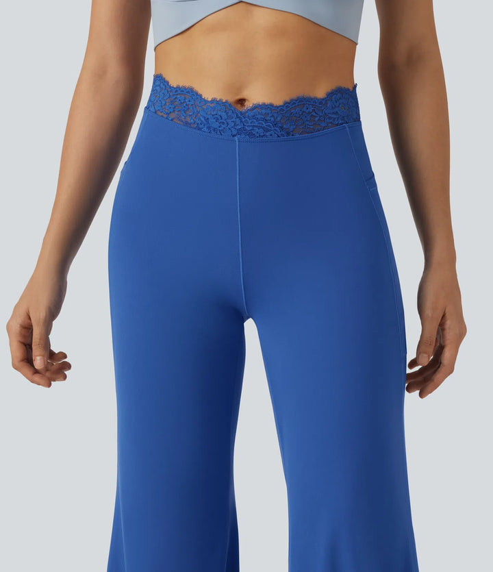 SoftlyZero High Waisted Contrast Lace Dance Balloon Pants with Pockets