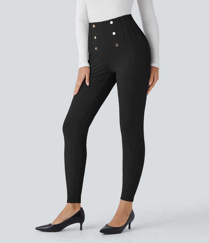 High Waisted Tummy Control Decorative Back Zipper Pockets Herringbone Work Pants