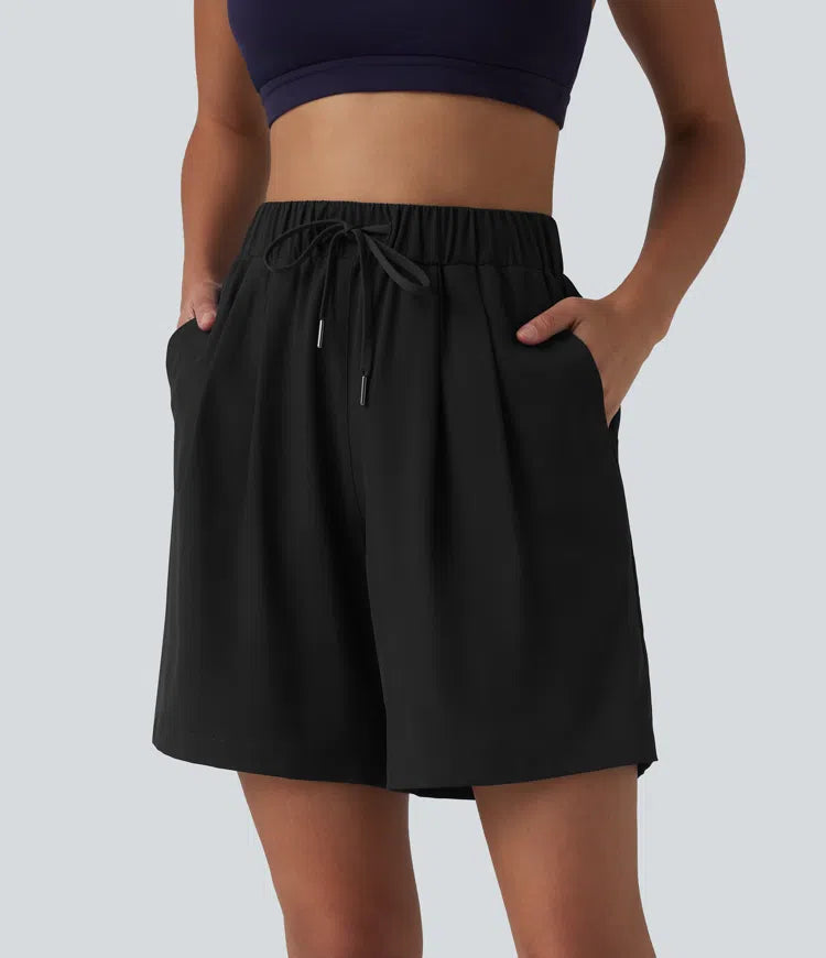 High Waisted Elastic Waistband Drawstring Pleated Yoga Shorts 7&