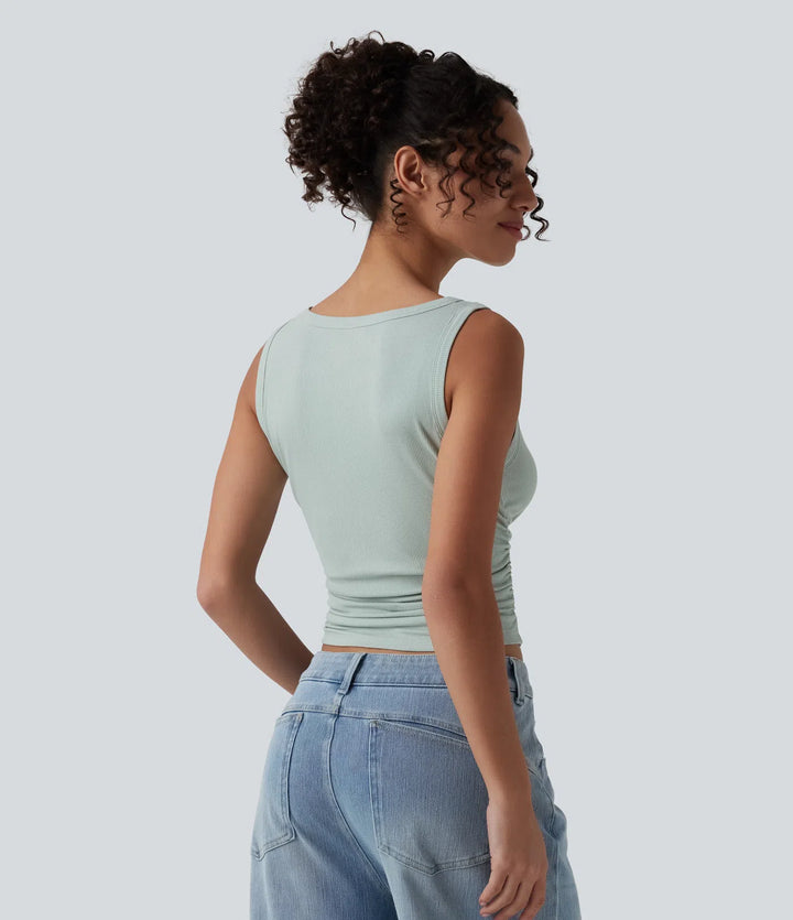 Ribbed Knit Round Neck Ruched Casual Tank Top