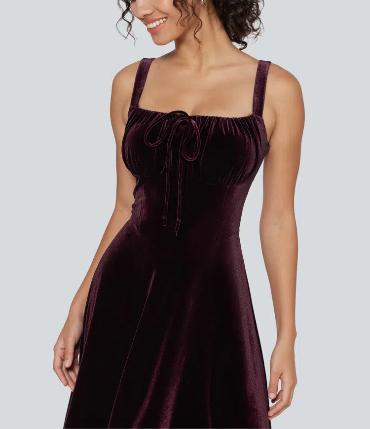 Square Neck Lace Up Ruched Built-in Bra Corset Velvet Midi Casual Milkmaid Dress