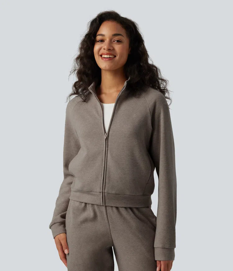 Ribbed Stand Collar Long Sleeve Zipper Casual Jacket with Pockets