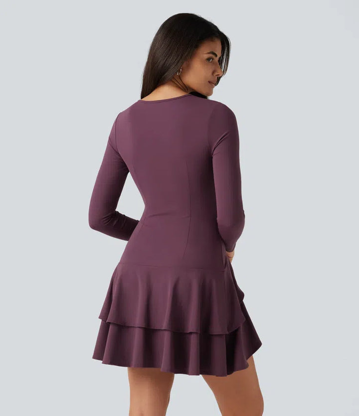 SoftlyZero Airy Round Neck Long Sleeve Layered Ruffle Hem InstantCool Mini Casual Dress