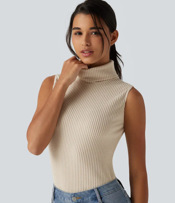 Ribbed Knit High Neck Casual Tank Top