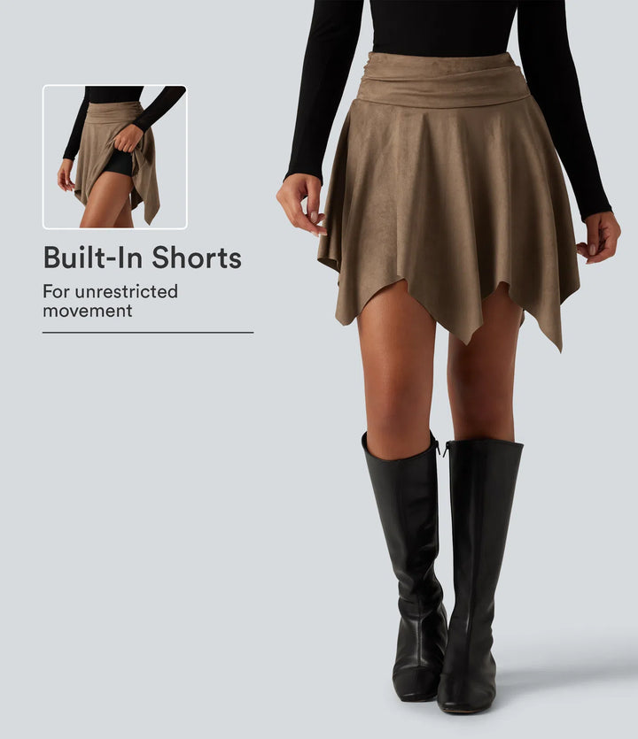 High Waisted Ruched Asymmetric A Line 2-in-1 Suede Mini Casual Skirt