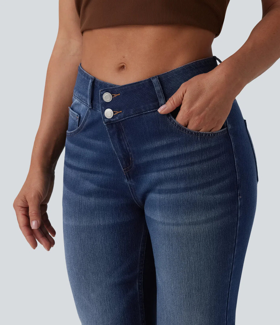 Halara Flex Asymmetric Mid Rise Casual Flare Jeans with Pockets