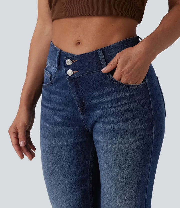 Halara Flex Asymmetric Mid Rise Casual Flare Jeans with Pockets