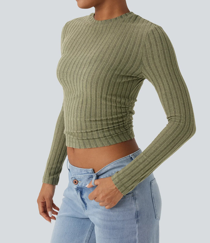 Ribbed Knit Long Sleeve Cropped Casual Top
