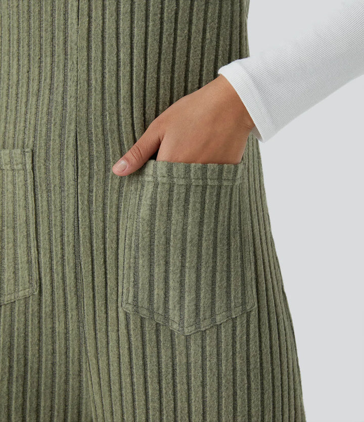 Ribbed Knit Pockets Casual Overalls