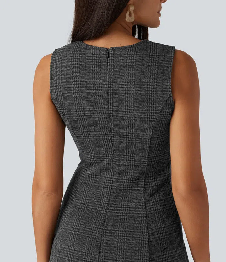 Round Neck Sleeveless Houndstooth Plaid Mini Work Dress