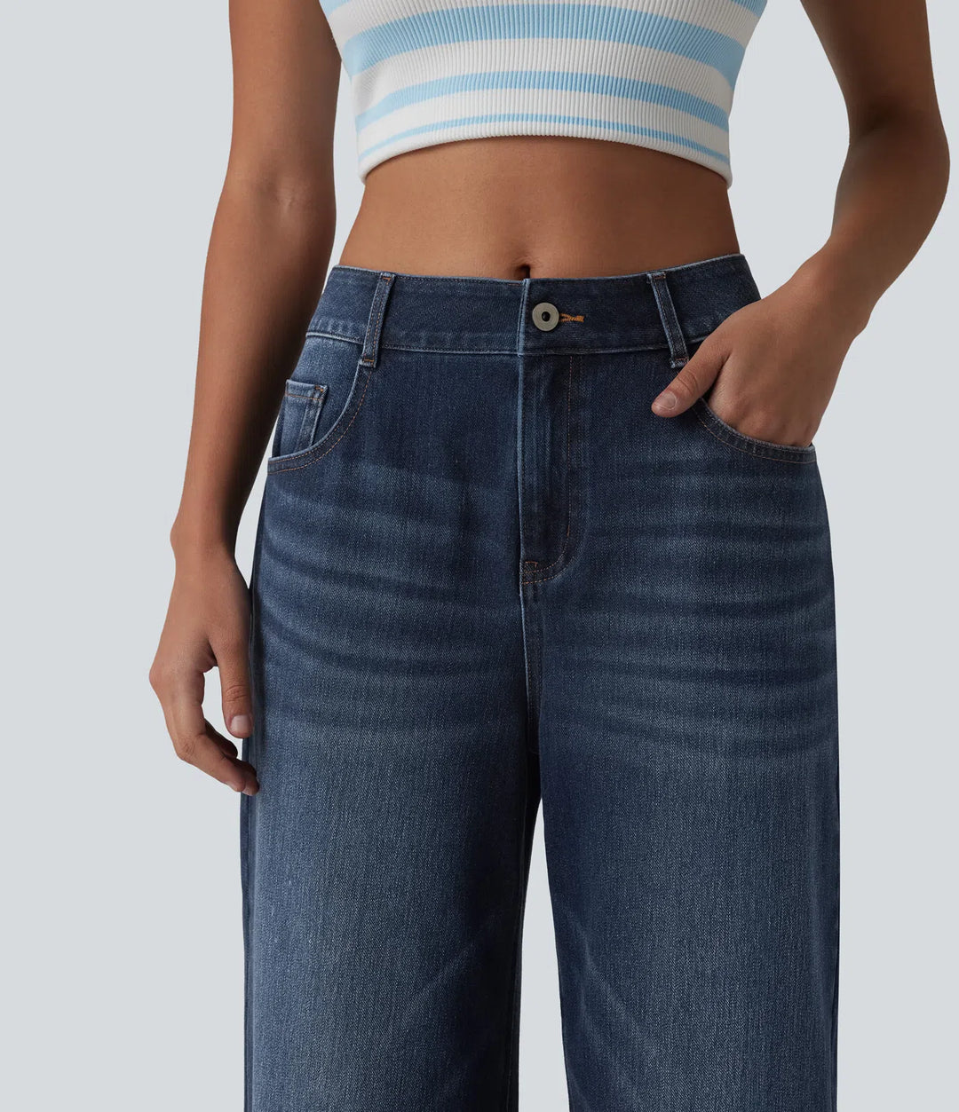 Halara Flex Mid Rise Washed Baggy Wide Leg Casual Jeans with Pockets