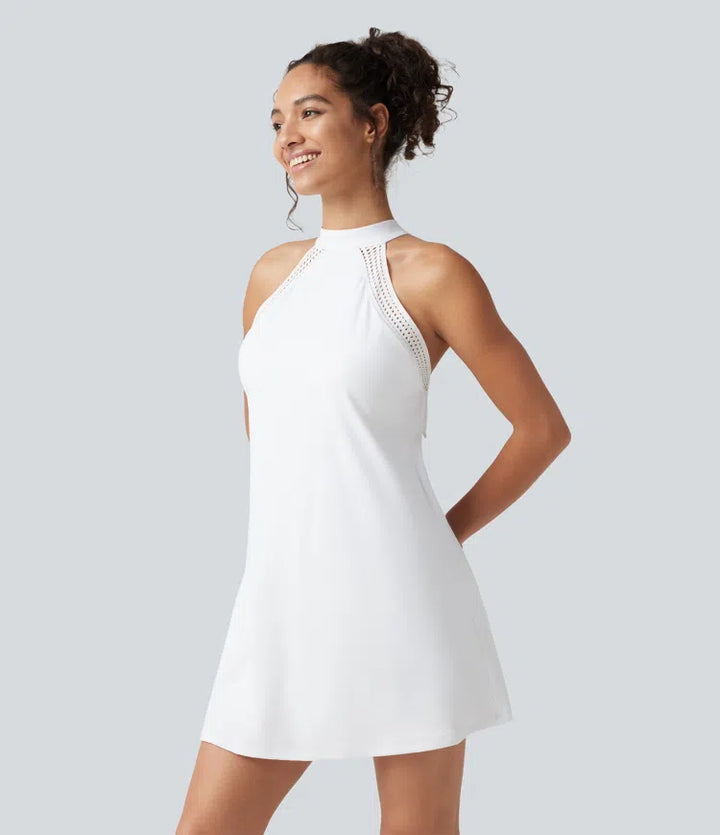 SoftlyZero Airy Tie Back Built-in Bra 2-in-1 InstantCool Mini Yoga Active Dress with Pocket-Longer Length