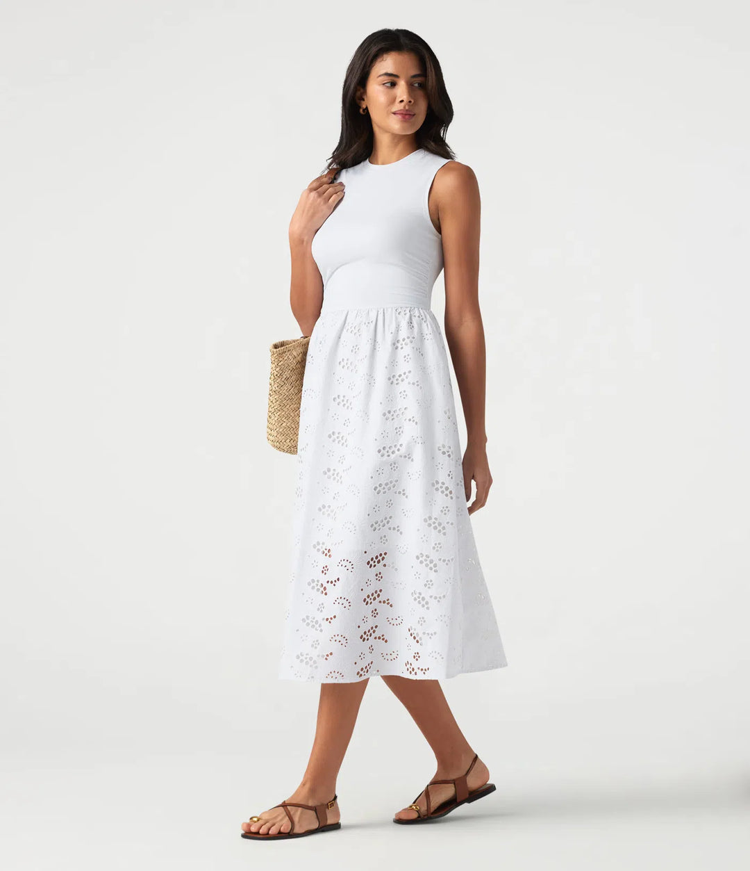 Round Neck Sleeveless Midi Embroidery Eyelet Resort Dress with Pockets