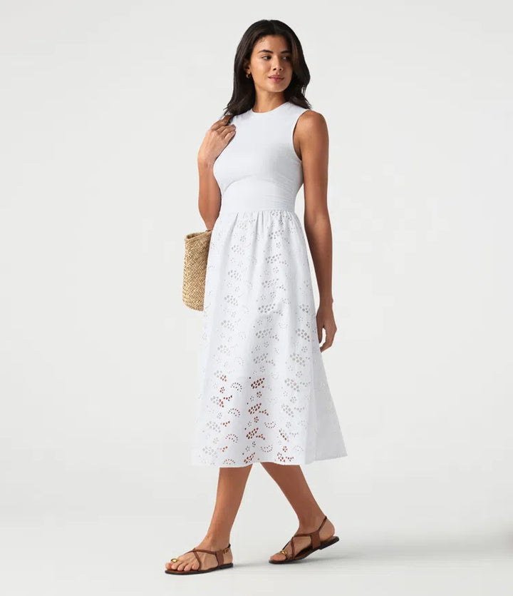 Round Neck Sleeveless Midi Embroidery Eyelet Resort Dress with Pockets