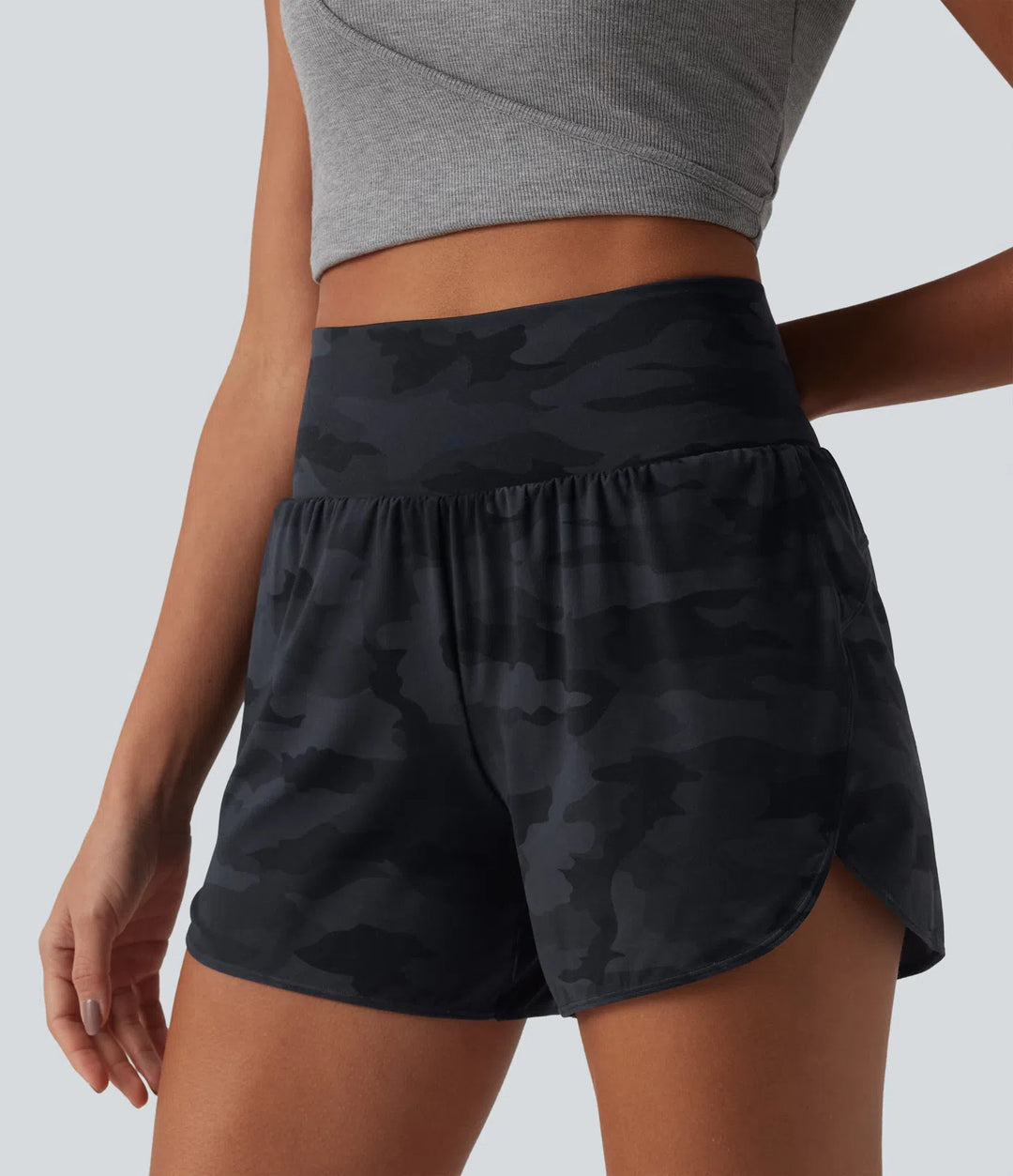 Halara UltraSculpt Camo Print High Waisted Tummy Control Curved Hem 2-in-1 Running Shorts 4" with Pocket