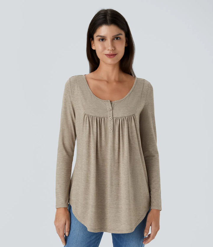 Round Neck Long Sleeve Curved Hem Casual Top
