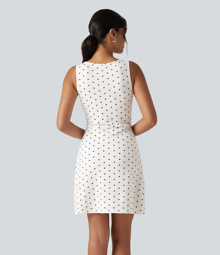 Boat Neck Sleeveless Ruched Polka Dot Casual Mini Dress