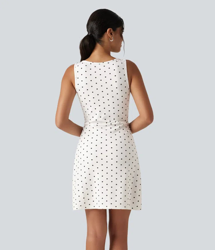 Boat Neck Sleeveless Ruched Polka Dot Casual Mini Dress