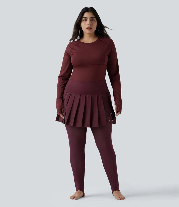 Breezeful High Waisted Pleated 2-in-1 Contrast Mesh Quick Dry Dance Plus Size Stirrup Skirted Leggings with Pockets