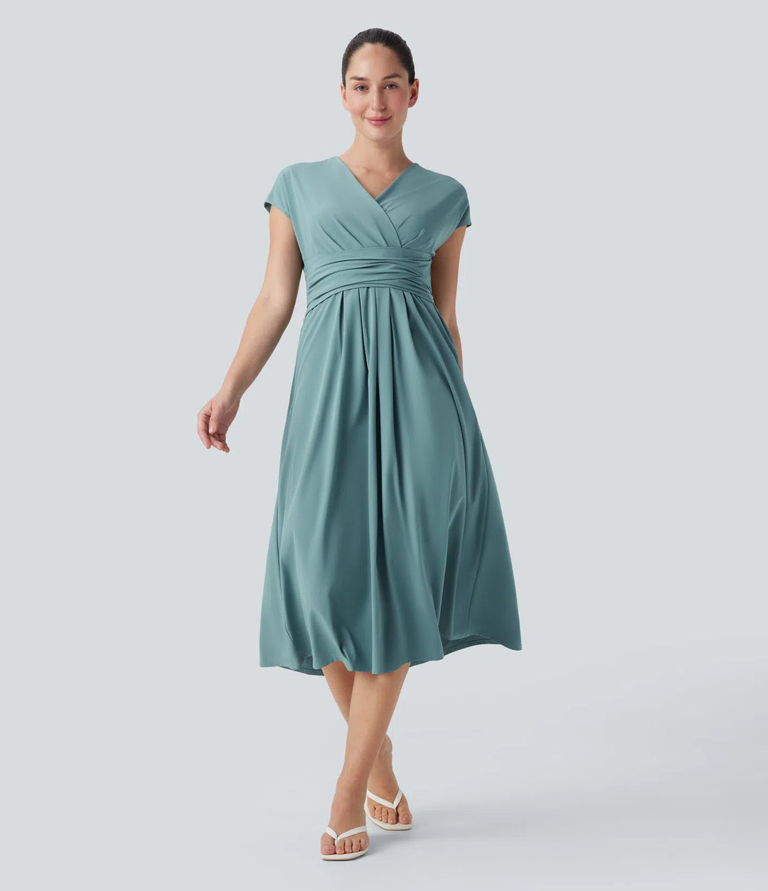 Breezeful V Neck Short Sleeve Pocket Tie Back Quick Dry Midi Casual Dress