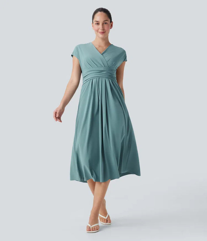 Breezeful V Neck Short Sleeve Pocket Tie Back Quick Dry Midi Casual Dress