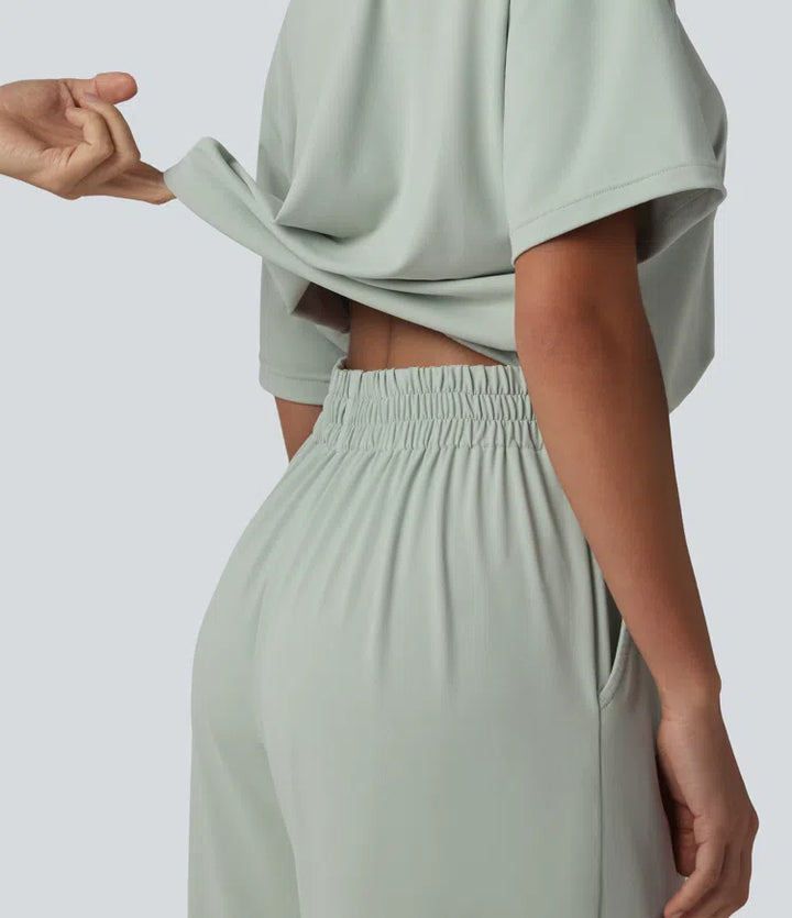 Boat Neck Short Sleeve Drawstring Baggy Casual Jumpsuit with Pockets-Easy Peezy Edition