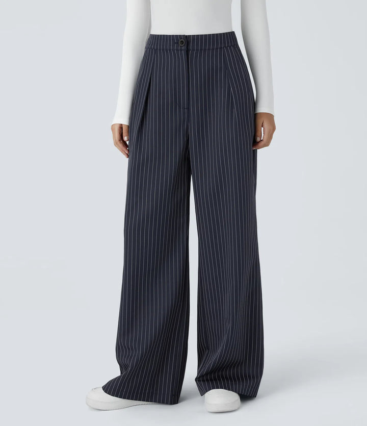 High Waisted Zipper Pocket Wide Leg Baggy Striped Work Pants