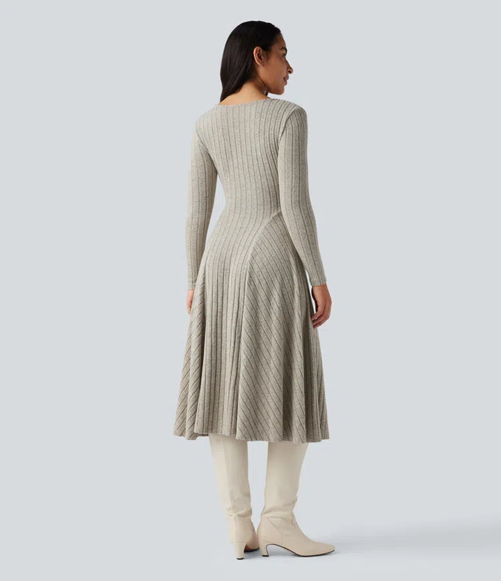 Ribbed Knit V Neck Long Sleeve Flare Midi Casual Dress
