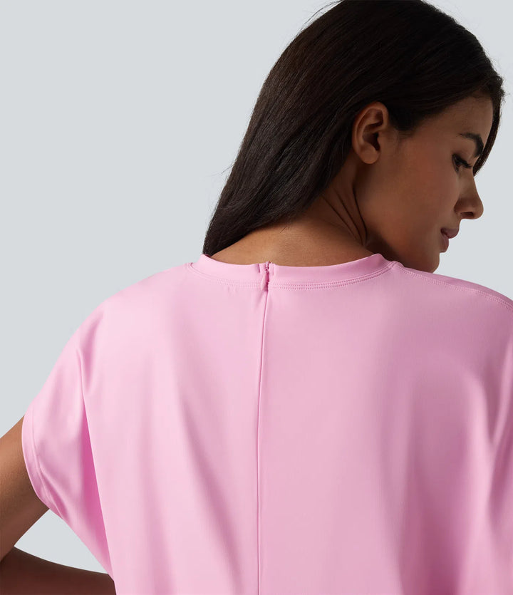 SoftlyZero Airy Round Neck Short Sleeve 2-in-1 InstantCool Mini Yoga Active Dress with Pockets-Easy Peezy Edition