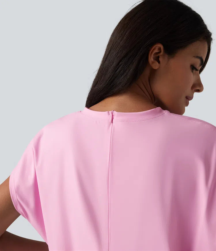 SoftlyZero Airy Round Neck Short Sleeve 2-in-1 InstantCool Mini Yoga Active Dress with Pockets-Easy Peezy Edition