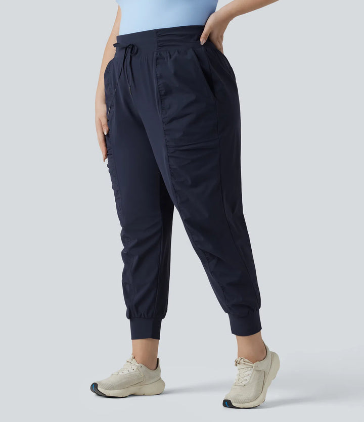 Plus Size High Waisted Drawstring Ruched Tapered Quick Dry InstantCool Dance Joggers with Pockets-UPF40+