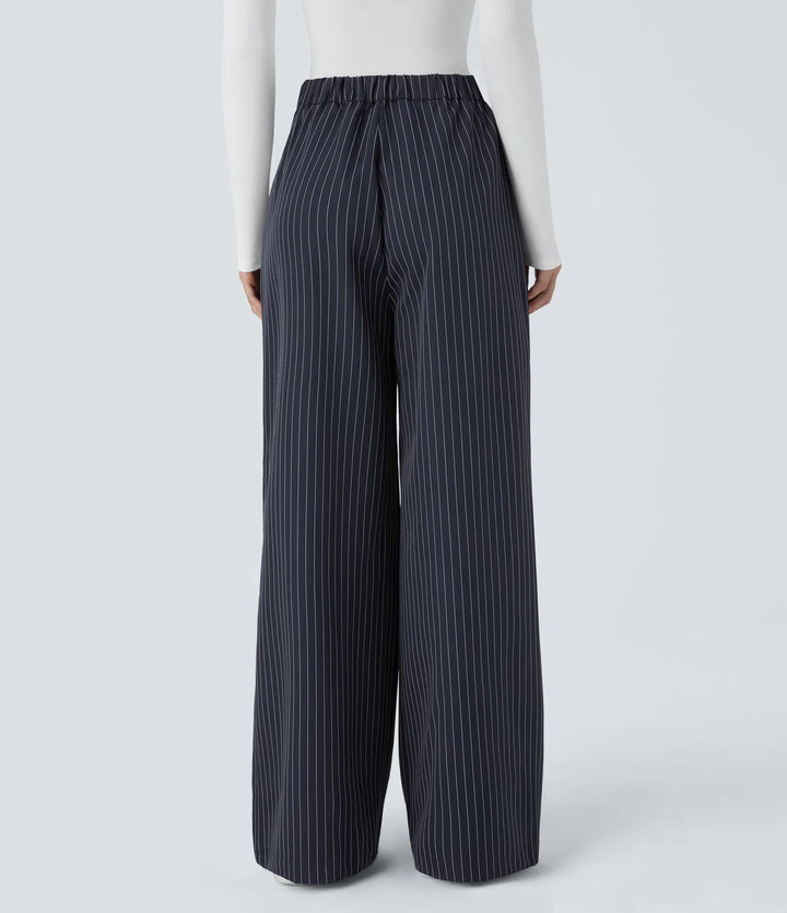 High Waisted Zipper Pocket Wide Leg Baggy Striped Work Pants