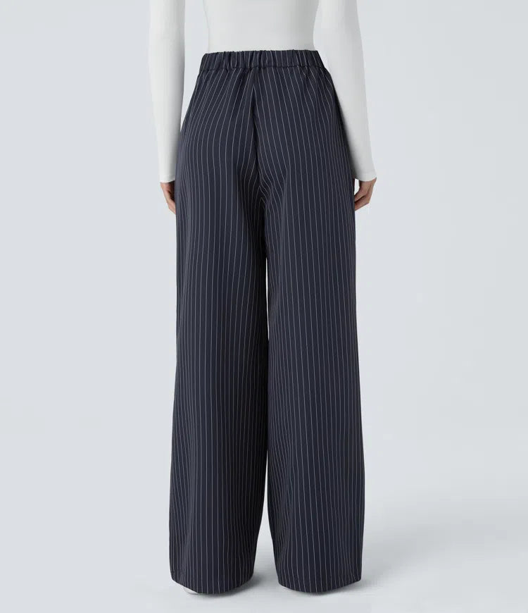 High Waisted Zipper Pocket Wide Leg Baggy Striped Work Pants