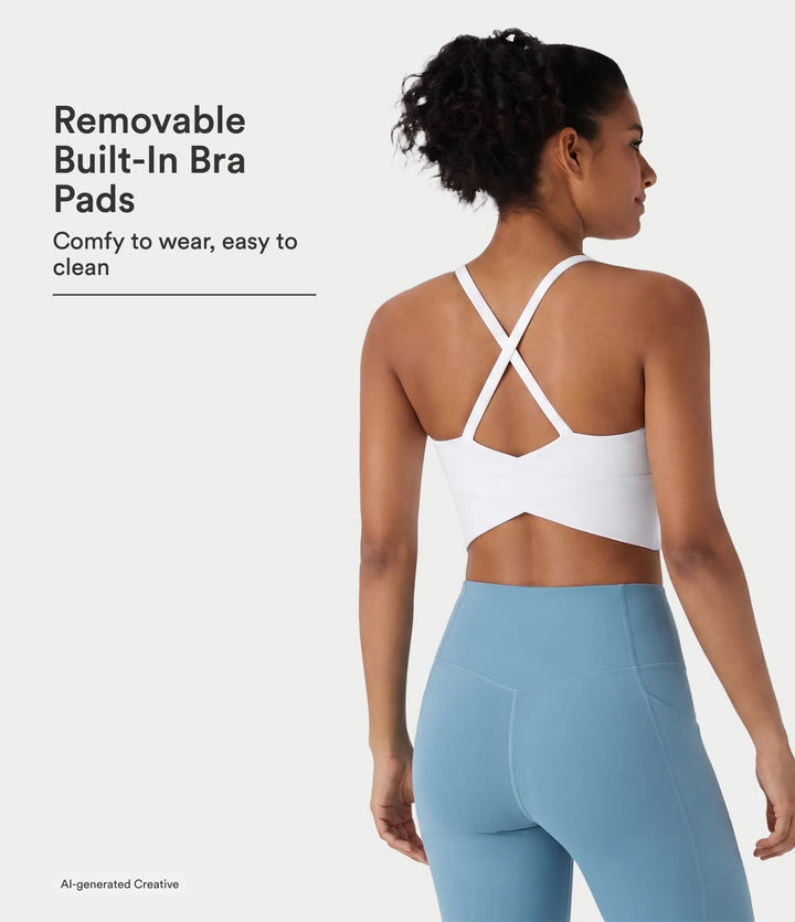 Scoop Neck Built-in Bra Crossover Hem Cropped Yoga Cami Top