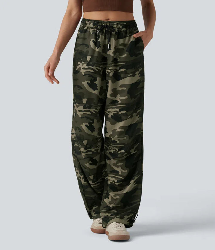 Mid Rise Drawstring Camo Casual Cargo Baggy Pants with Pockets