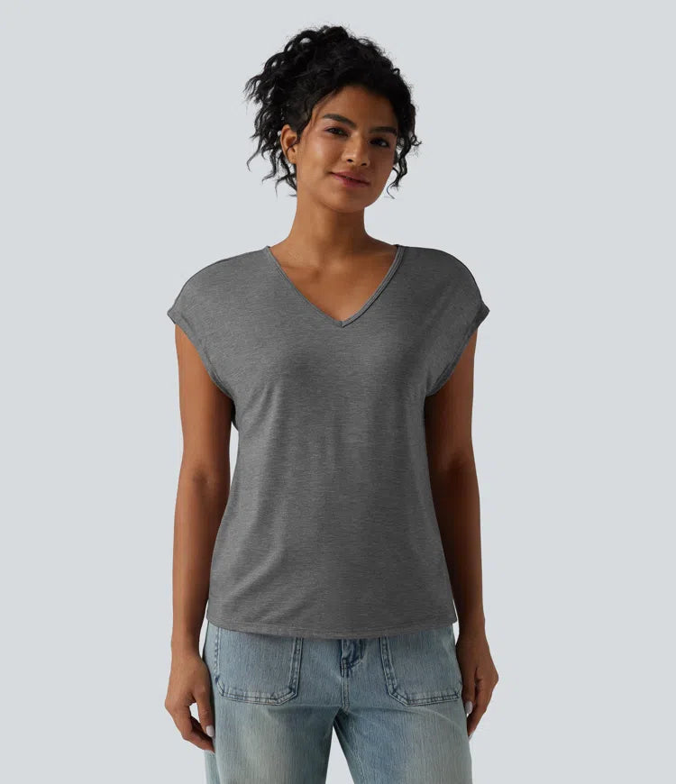 V Neck Short Sleeve Relaxed Heathered Casual T-Shirt