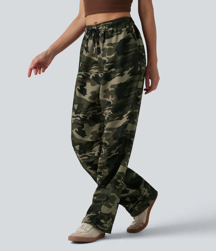 Mid Rise Drawstring Camo Casual Cargo Baggy Pants with Pockets