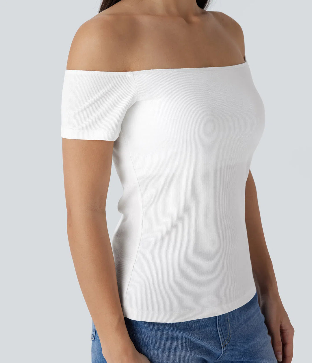 Ribbed Knit Off Shoulder Short Sleeve 2-in-1 Casual Top