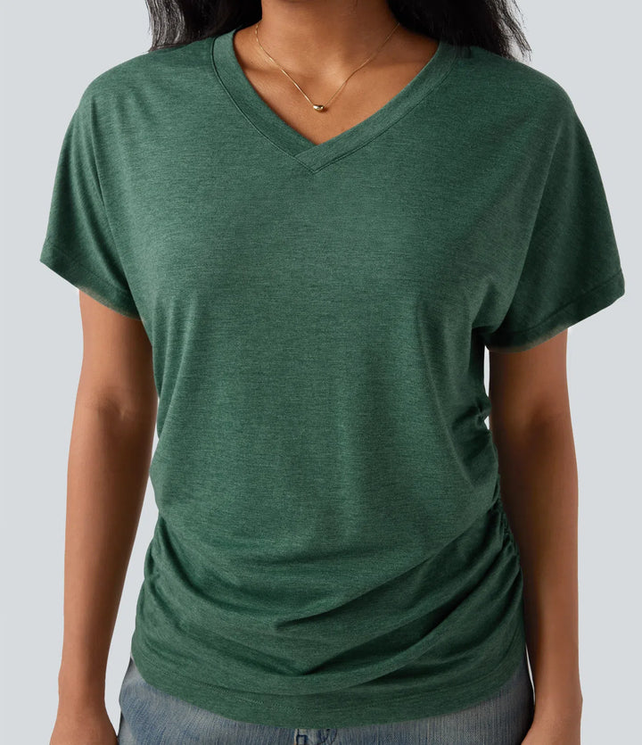 V-neck Short Sleeve Ruched Relaxed Casual Top