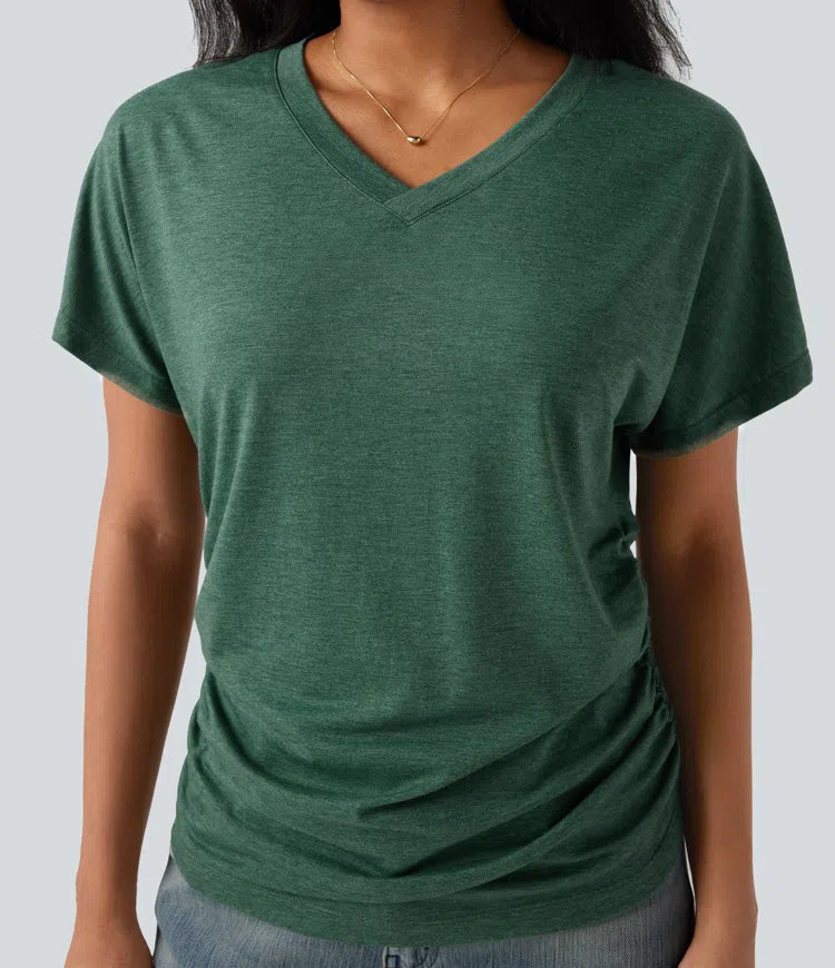 V-neck Short Sleeve Ruched Relaxed Casual Top