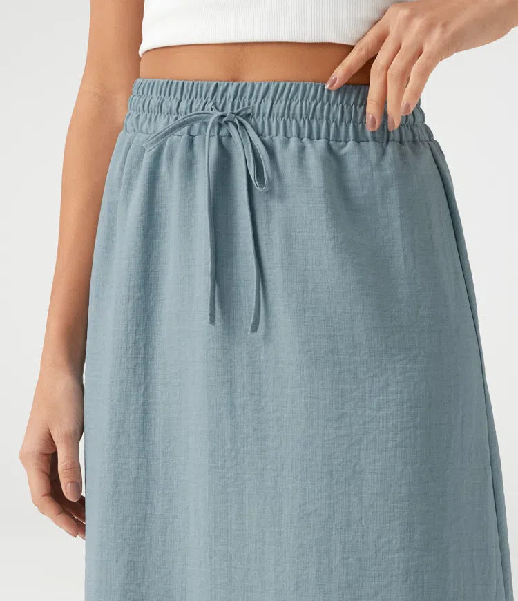 High Waisted Drawstring Maxi Linen-Feel Casual Skirt
