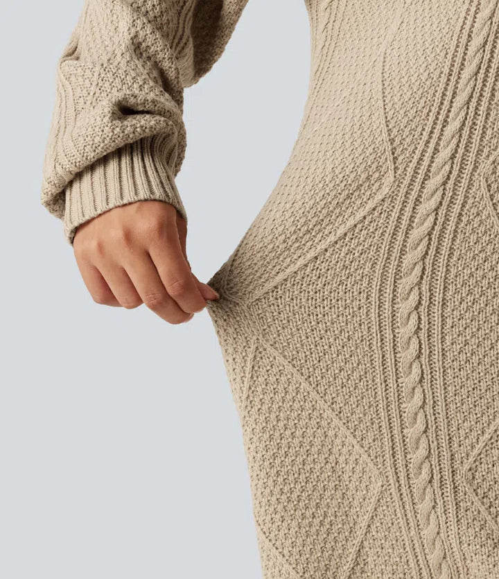 Round Neck Long Sleeve Cable Knit Mini Casual Sweater Dress