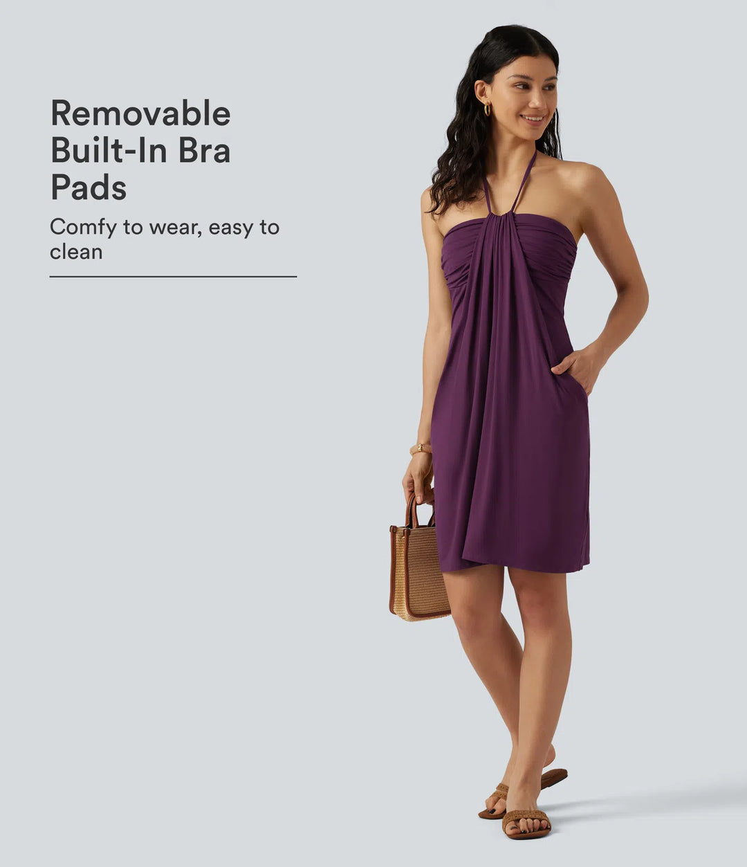 Halter Tie Back Built-in Bra Mini Resort Dress with Pockets