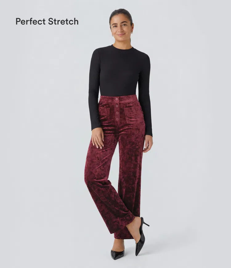 High Waisted Pockets Straight Leg Velvet Casual Pants