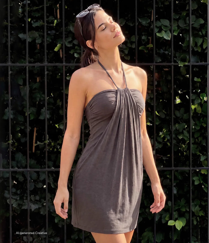 Halter Tie Back Built-in Bra Longer Mini Dress with Pockets