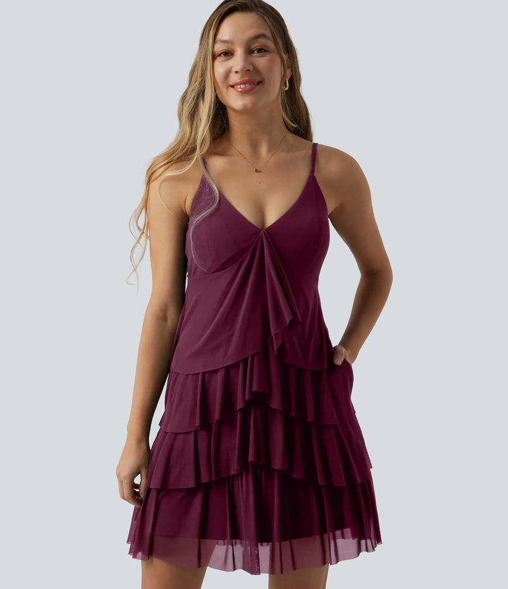 Crisscross Backless Mesh Overlay Built-in Bra Mini Casual Tiered Slip Dress with Pockets